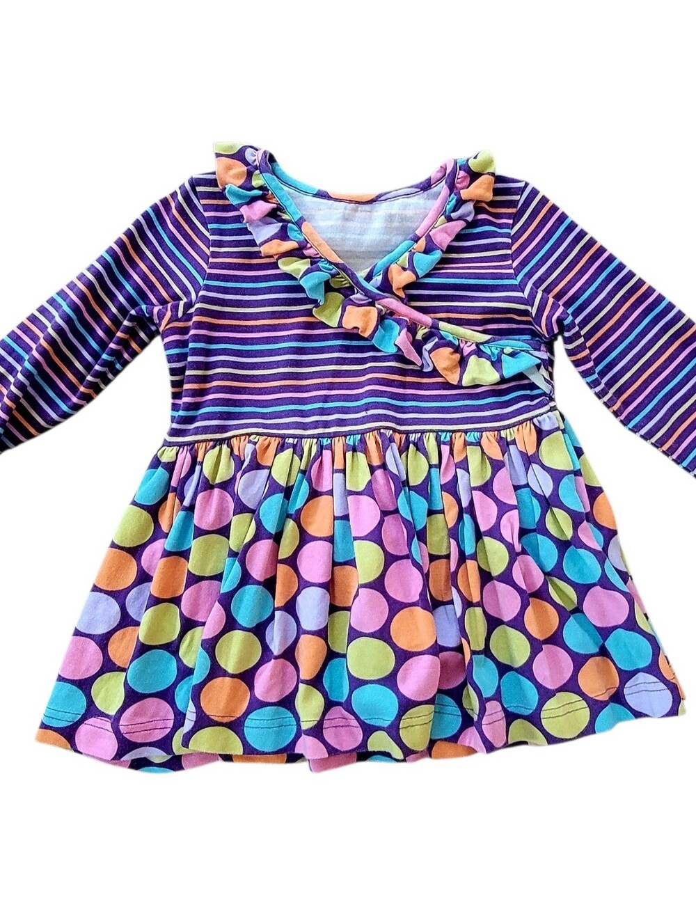 Kelly’s Kids Girls Striped Polka Dot Ruffle Tunic Dress Purple Multi Size 4/5